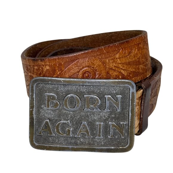 Vintage 1978 InStyle "Born Again" Religious Statement Belt No. 1125 Embossed Lea - Picture 1 of 6